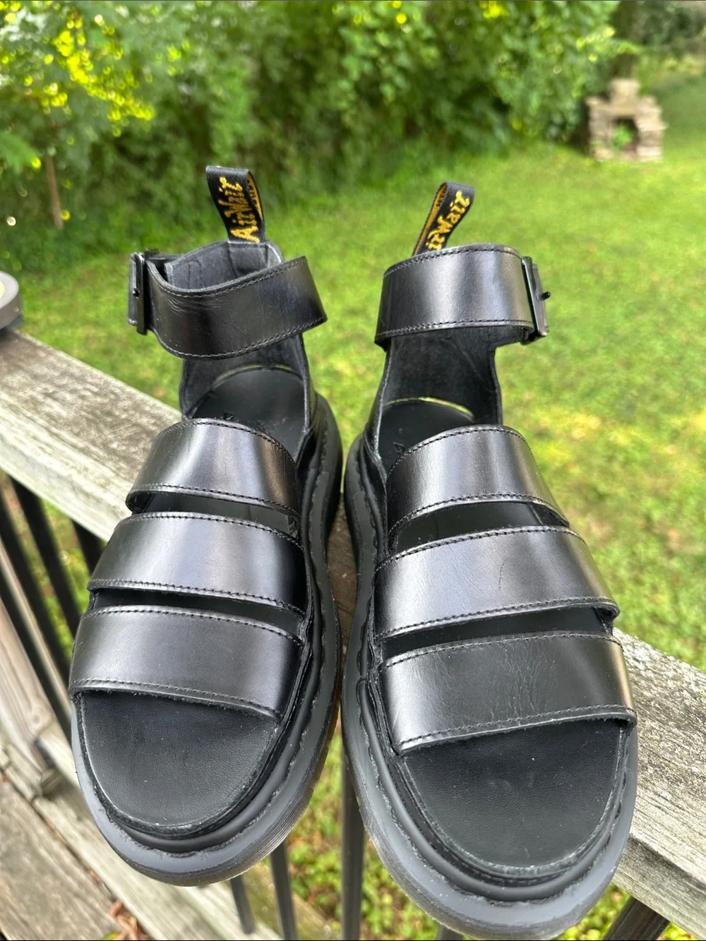 Dr. Martens Clarissa II Black Leather Triple-Strap Platform Gladiator Sandals 6